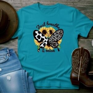 Just Breathe & Believe Sunflower Butterfly Tee • Cow Print Leopard Graphic Shirt